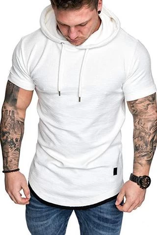 Summer Wholesale Mens Casual Fashion Solid Color Mens Clothing Hooded Short Sleeve T-shirt