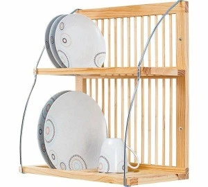 Wall Mounted Wooden Kitchen Rack Mugs Dinner Plates Dish Stand Storage Holder