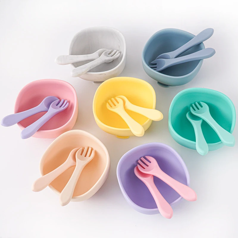 Washable 100% Food Grade Silicone Spoon Fork  Soft Silicone Baby Square bowl Set