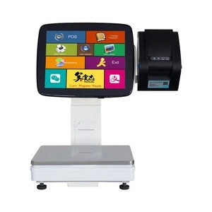 White 15KG All in One Touch Screen pos Weighing Scale with Barcode Sticker Printer and 58mm thermal printer for retail shop