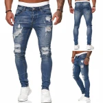 Wholesale custom logo mens denim pants fashion retro washed ripped slim fit mens jeans
