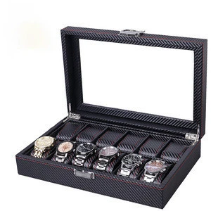 Wholesale custom luxury 12 slots carbon fiber Watch Box Black carbon fiber Watch Case with Pillow