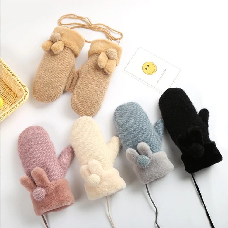 Wholesale Cute Thick Knitted Plush Finger Mittens For Lady Girl Custom Warm Winter Gloves Women With Lanyard
