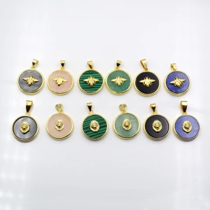 Wholesale new fashion round coin shape slice stone 18k real gold plated charms malachite flat stone lapis pendant jewelry