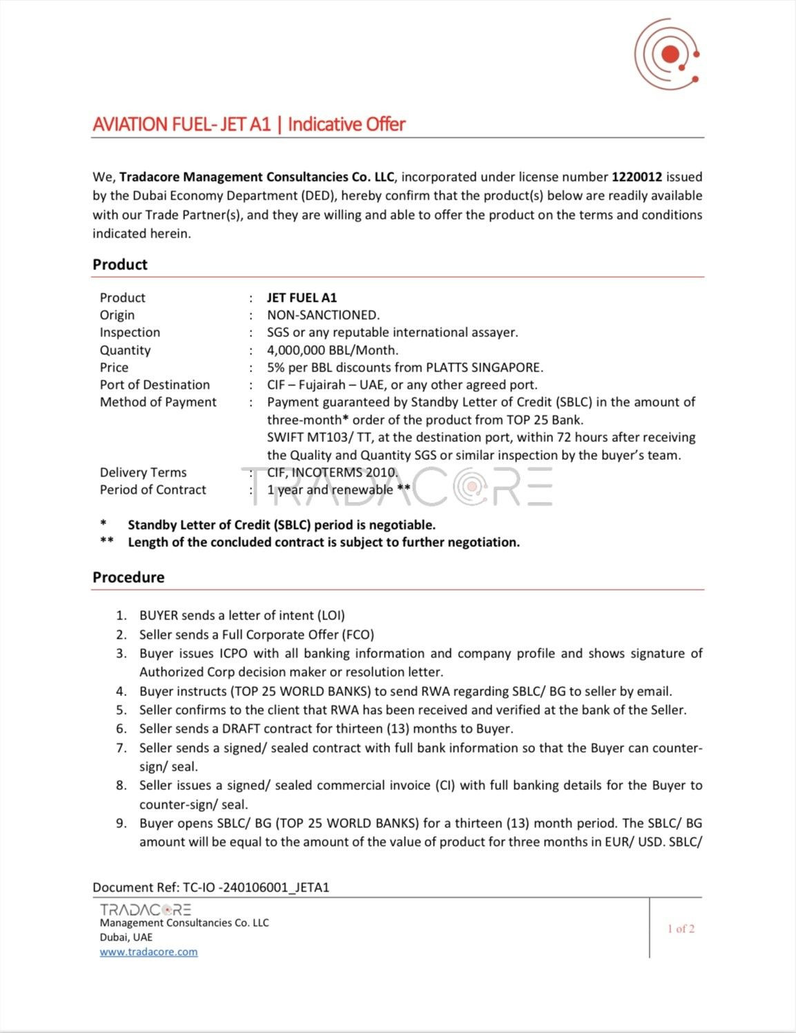 Buy [sco Attached] Premium Jet Fuel A1 4 Million Bbls/month 5