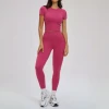 Women Crew Neck Short Sleeve Crop Top & High Waist Tummy Control Yoga Leggings 2 Piece Workout Fitness Outfit Set