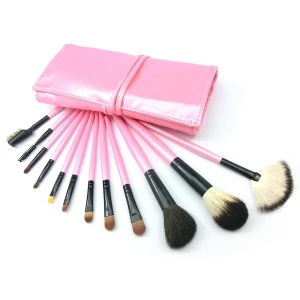 12PCS Natural Hair Makeup Tool Cosmetic Brush Set with Pink Pouch