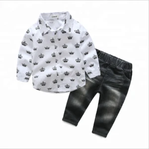2018 autumn child clothes kid suit baby boys clothing sets with cotton printed shirt and long jeans