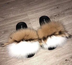 2018 Good Price Designer Raccoon/Fox/sheep fur Slippers Slides Design Woman Slipper
