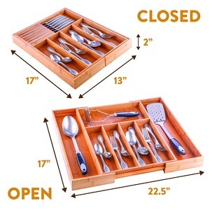 2020 Bamboo Utensil Drawer Organizer Expandable Cutlery Tray Silverware Holder with 2 Removable Knife Blocks