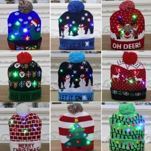2020 New Year LED Light Christmas Hats Beanie Sweater Knitted Christmas Light Up Knitted Hat For Kid Adult For Christmas Party