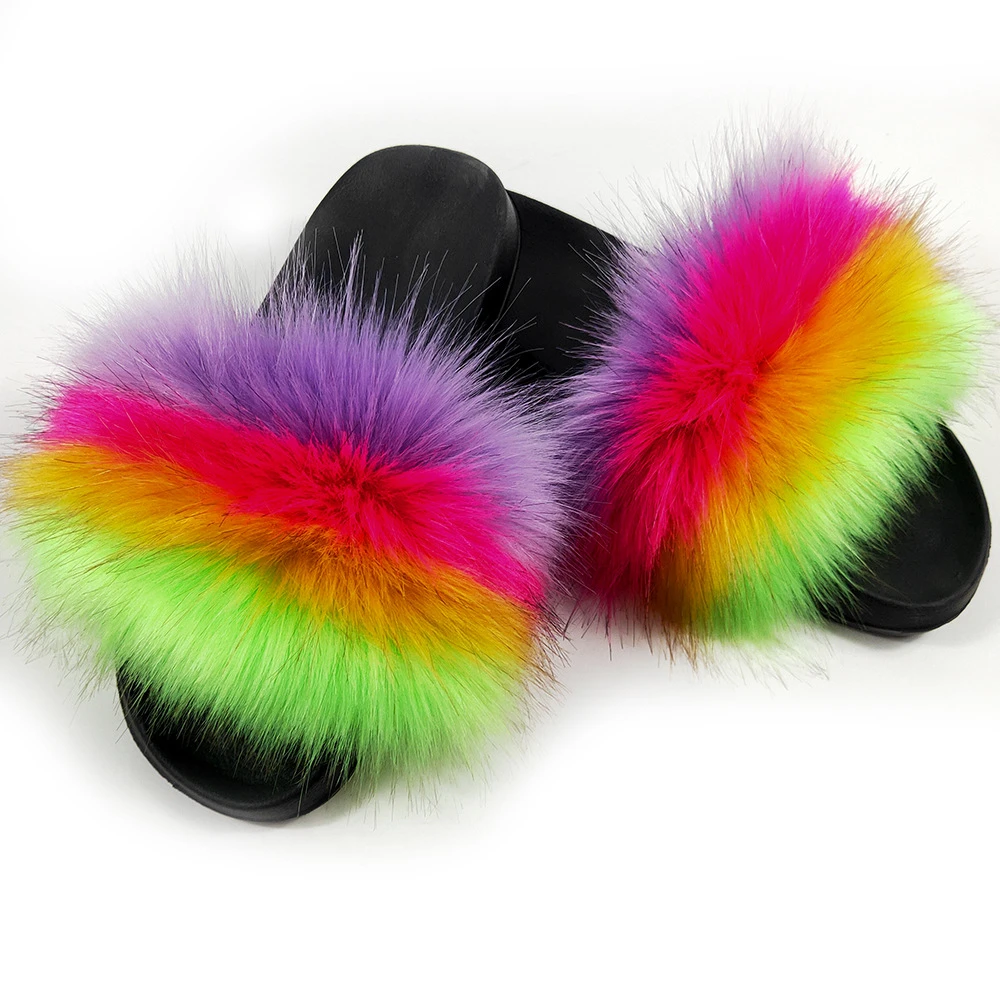 2021 Quality and quantity assured soft furry fur sandals slipper Indoor Fur Slides Raccoon Fur slippers