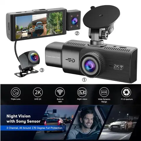 Buy 3ch 3 Lens Car Record Camera Driving Recorder 2k Wifi Gps 24h ...