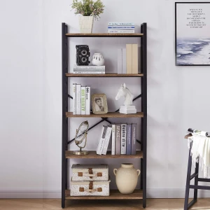 5-Tier Bookcase Rustic Wood and Metal Shelving Unit Display Absolutely Easy Assembly Book Shelf