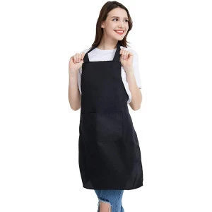 Adjustable Bib Apron Thicker Polyester Waterdrop Resistant with Pockets Black Cooking Kitchen Uniform Aprons for Women Men