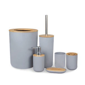 Bathroom Accessories Set Trash Can Soap Holder tooth brush Holder Toilet brush with Wood Lid