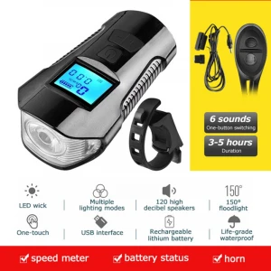 Bicycle Handlebar Front Light, Waterproof, USB Charging, Horn and Flashlight with Speed Meter, LCD Display
