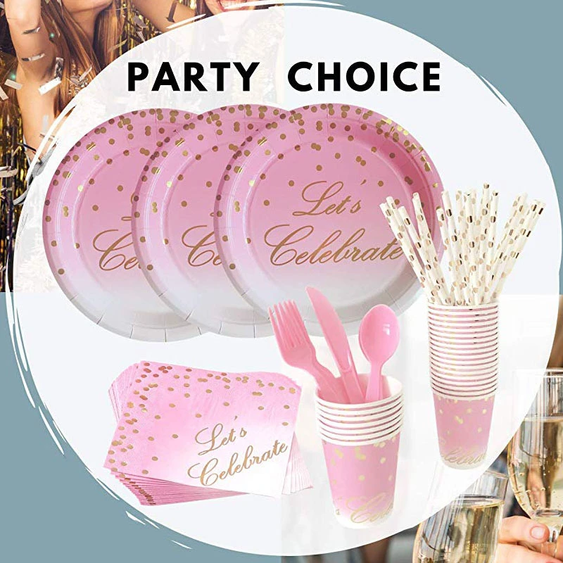 Birthday Party supplies Disposable Pink White Gradient Bronzing Dot hot stamping Paper Plate Cup Party Tableware Set