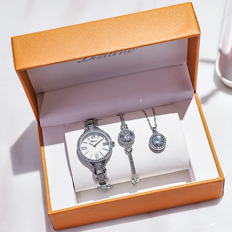 Bizarno Brand Luxury 3pcs/Set Women Quartz Watch Crystal Bracelet Necklace Watch Sets Female Jewelry Set Fashion Ladies Gift