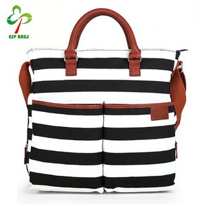 Black and White Stripe Canvas Mummy Baby Changing Diaper Bag with Matching Mat Pad Tan Trim