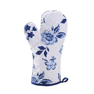 Blue flower Heat Resistant Cooking Baking Textile Oven Mitts 100% Cotton