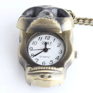 cheap bronze skull pocket watch pendant necklace with chain or keychain
