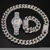 Cuban Chain Iced Out Rhinestone Zinc Alloy Gold Plating Miami Cuban Link Chain Necklace Silver Bracelet Man with Watch