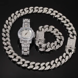 Cuban Chain Iced Out Rhinestone Zinc Alloy Gold Plating Miami Cuban Link Chain Necklace Silver Bracelet Man with Watch