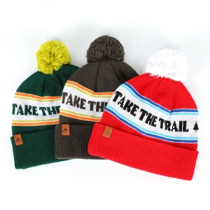 Custmo Logo Trendy High Quality Acrylic Warm Winter Hats Caps Plain Dyed Skullies Pom Pom Knitted Beanie