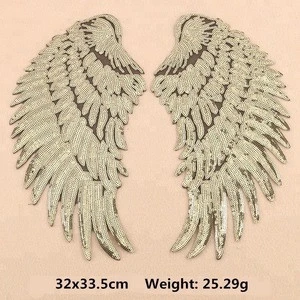 Custom fashion top design wings shape sew on sequin appliques embroidery patch