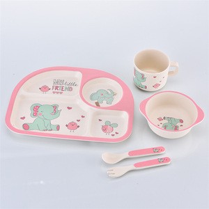 Eco-Friendly Bamboo Straw Dishes Kids 5-Piece Meal Set, Biodegradable Dinnerware