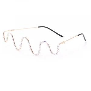 European New fashion handmade diamond half frame glasses women metal wave decorative glasses no lens sunglasses2021