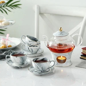 European Style Marble Ceramic Coffee Mug Tea Pot Sets for Adults