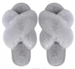 Fashion Women Vegan Faux Fur Slider Slippers, Open Toe Mule Fluffy House Slide Women Winter Slippers