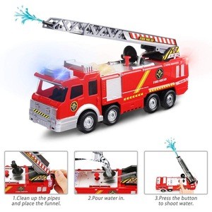 Fire Engine, Fire Truck Toy, Battery Operated Electric Car Rescue Vehicle With Manual Water Pump Extending Ladder Flashing Light