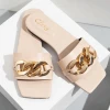 Gold Metal Chain Ornament Fancy Design Solid Slippers Flat With Outside Beach Shoes Ladys Summer Casual Shoes Sandals Slides