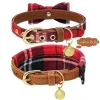 High Quality Adjustable Durable PU Leather Dog Cat Collar With Bell Cute Plaid Bowtie