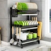 Home Kitchen Metal Storage 3Tiers Plate Drainer Dish Drying Racks with Tray