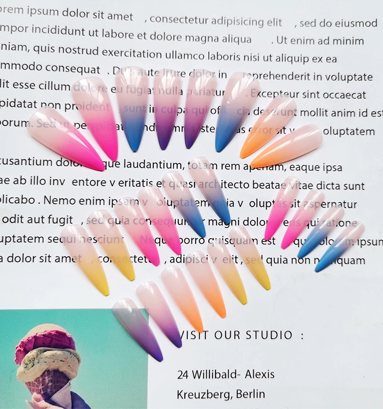 Hot Sale Long Ballet Gradient Water Drop Shape Nail Art Print Fake False Nail Patch Rainbow Colorful Press On Nails