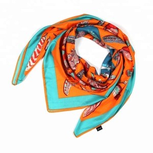 Hot sale twill imitation silk scarf lady brand silk scarf 130cm square towel feather print shawl scarf