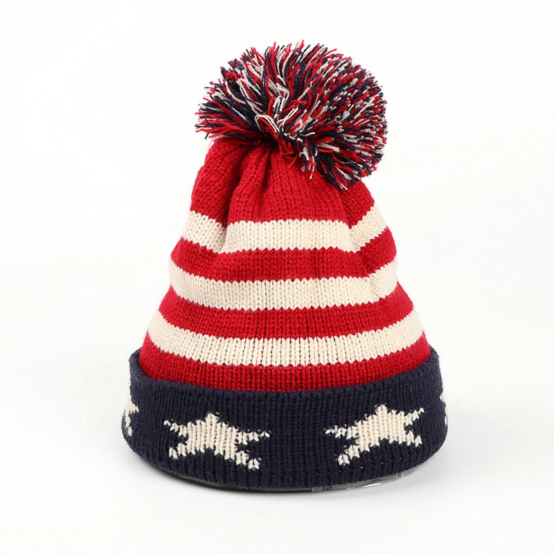 Hot selling National flag pattern Knitted Jacquard Acrylic UK America Winter hat with pompom fans hat