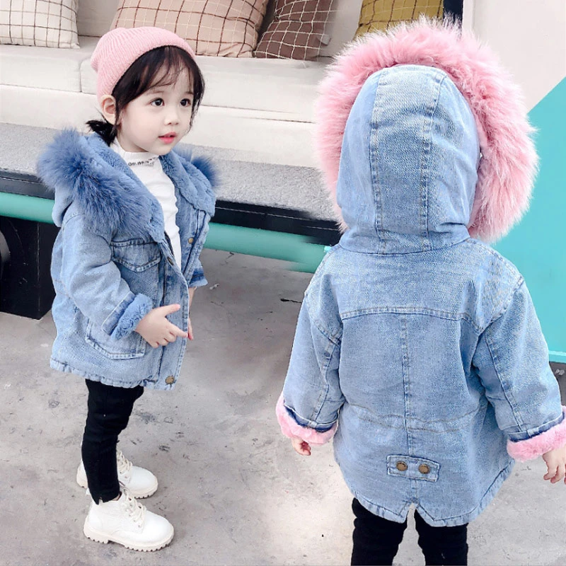 Little girls winter coat fleece hoodie faux fur kids coat with long sleeve custom girls denim jacket