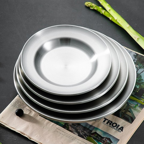 Luxury Wholesale Kitchen Dining Wedding Restaurant Stainless Steel Plate Double Layer Steak Dish Dinnerware Set