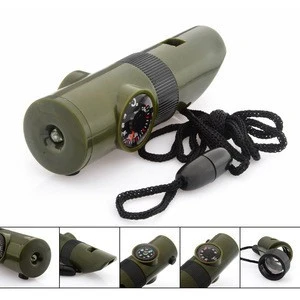 Multifunctional 7 in 1 camping hiking outdoor whistle with compass magnifier led flashlight thermometer