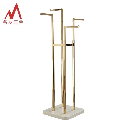 Multifunctional height adjustable golden metal 4 sides clothes display stand