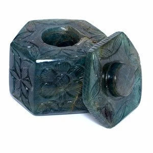 Natural Zambian Emerald Engraving Ink Pot With Lid Sculpture