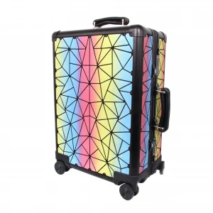 New Arrival Luggage Fancy Geometric Luminous PU+Aluminum  Carry-On  4 Wheels Spinner 20inch Luggage Suitcase with TSA Lock