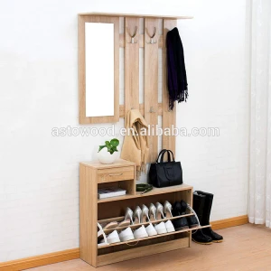 Oak Colour Hall Tree Coat Stand Shoe Storage Unit with Floating Coat Hanging Rack with Mirror