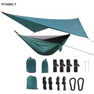 Outdoor Camping Hammock with Mosquito Net Rain Fly Tarp Portable Nylon Swing Hammocks Sun Shelter