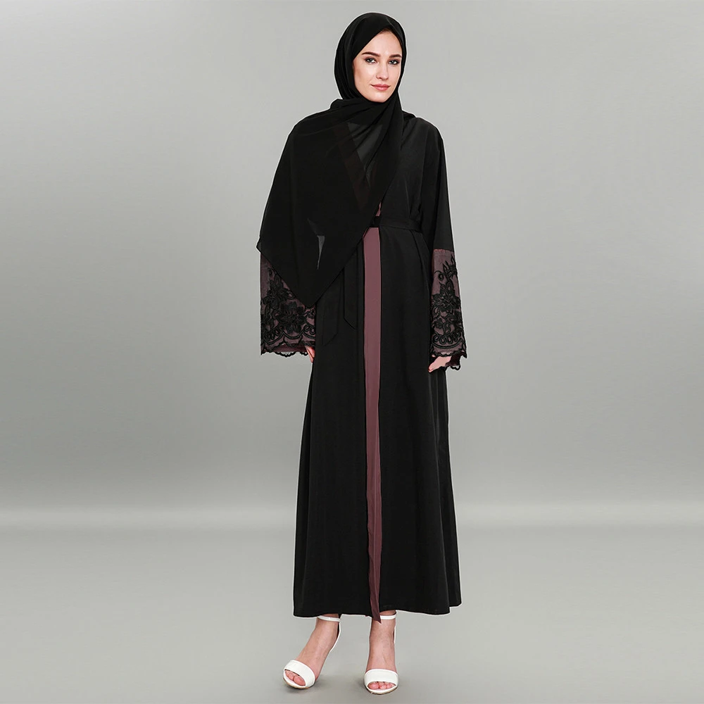 PE1589 Casual Muslim Black Kimono Dubai Lace Dress Patchwork Islamic Long Abayas For Turkish Women Clothing Kaftan Morocco